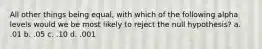 All other things being equal, with which of the following alpha levels would we be most likely to reject the null hypothesis? a. .01 b. .05 c. .10 d. .001