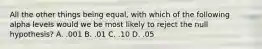 All the other things being equal, with which of the following alpha levels would we be most likely to reject the null hypothesis? A. .001 B. .01 C. .10 D. .05