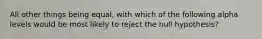 All other things being equal, with which of the following alpha levels would be most likely to reject the null hypothesis?