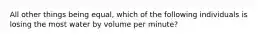 All other things being equal, which of the following individuals is losing the most water by volume per minute?