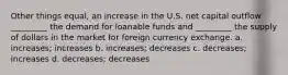 Other things equal, an increase in the U.S. net capital outflow _________ the demand for loanable funds and _________ the supply of dollars in the market for foreign currency exchange. a. increases; increases b. increases; decreases c. decreases; increases d. decreases; decreases