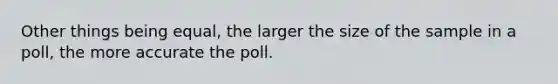 Other things being equal, the larger the size of the sample in a poll, the more accurate the poll.