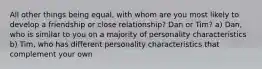 All other things being equal, with whom are you most likely to develop a friendship or close relationship? Dan or Tim? a) Dan, who is similar to you on a majority of personality characteristics b) Tim, who has different personality characteristics that complement your own