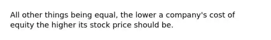 All other things being equal, the lower a company's cost of equity the higher its stock price should be.