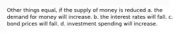 Other things equal, if the supply of money is reduced a. the demand for money will increase. b. the interest rates will fall. c. bond prices will fall. d. investment spending will increase.