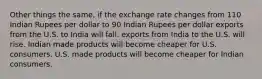 Other things the same, if the exchange rate changes from 110 Indian Rupees per dollar to 90 Indian Rupees per dollar exports from the U.S. to India will fall. exports from India to the U.S. will rise. Indian made products will become cheaper for U.S. consumers. U.S. made products will become cheaper for Indian consumers.