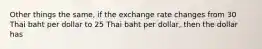 Other things the same, if the exchange rate changes from 30 Thai baht per dollar to 25 Thai baht per dollar, then the dollar has