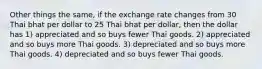 Other things the same, if the exchange rate changes from 30 Thai bhat per dollar to 25 Thai bhat per dollar, then the dollar has 1) appreciated and so buys fewer Thai goods. 2) appreciated and so buys more Thai goods. 3) depreciated and so buys more Thai goods. 4) depreciated and so buys fewer Thai goods.