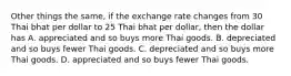 Other things the same, if the exchange rate changes from 30 Thai bhat per dollar to 25 Thai bhat per dollar, then the dollar has A. appreciated and so buys more Thai goods. B. depreciated and so buys fewer Thai goods. C. depreciated and so buys more Thai goods. D. appreciated and so buys fewer Thai goods.