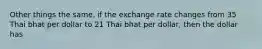 Other things the same, if the exchange rate changes from 35 Thai bhat per dollar to 21 Thai bhat per dollar, then the dollar has