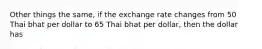 Other things the same, if the exchange rate changes from 50 Thai bhat per dollar to 65 Thai bhat per dollar, then the dollar has