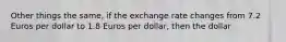 Other things the same, if the exchange rate changes from 7.2 Euros per dollar to 1.8 Euros per dollar, then the dollar