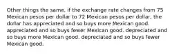 Other things the same, if the exchange rate changes from 75 Mexican pesos per dollar to 72 Mexican pesos per dollar, the dollar has appreciated and so buys more Mexican good. appreciated and so buys fewer Mexican good. depreciated and so buys more Mexican good. depreciated and so buys fewer Mexican good.