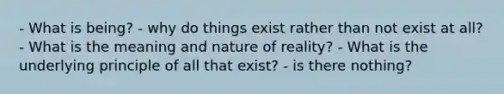 - What is being? - why do things exist rather than not exist at all? - What is the meaning and nature of reality? - What is the underlying principle of all that exist? - is there nothing?