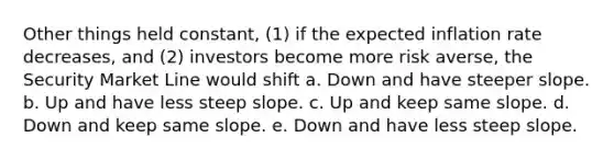 Other things held constant, (1) if the expected inflation rate decreases, and (2) investors become more risk averse, the Security Market Line would shift a. Down and have steeper slope. b. Up and have less steep slope. c. Up and keep same slope. d. Down and keep same slope. e. Down and have less steep slope.