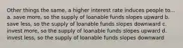 Other things the same, a higher interest rate induces people to... a. save more, so the supply of loanable funds slopes upward b. save less, so the supply of loanable funds slopes downward c. invest more, so the supply of loanable funds slopes upward d. invest less, so the supply of loanable funds slopes downward