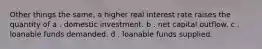 Other things the same, a higher real interest rate raises the quantity of a . domestic investment. b . net capital outflow. c . loanable funds demanded. d . loanable funds supplied.