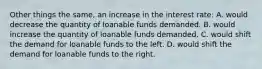 Other things the same, an increase in the interest rate: A. would decrease the quantity of loanable funds demanded. B. would increase the quantity of loanable funds demanded. C. would shift the demand for loanable funds to the left. D. would shift the demand for loanable funds to the right.