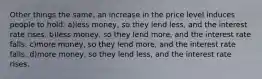 Other things the same, an increase in the price level induces people to hold: a)less money, so they lend less, and the interest rate rises. b)less money, so they lend more, and the interest rate falls. c)more money, so they lend more, and the interest rate falls. d)more money, so they lend less, and the interest rate rises.