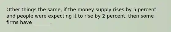 Other things the same, if the money supply rises by 5 percent and people were expecting it to rise by 2 percent, then some firms have _______.