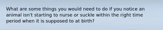 What are some things you would need to do if you notice an animal isn't starting to nurse or suckle within the right time period when it is supposed to at birth?