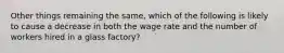 Other things remaining the same, which of the following is likely to cause a decrease in both the wage rate and the number of workers hired in a glass factory?