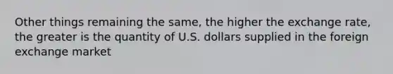 Other things remaining the same, the higher the exchange rate, the greater is the quantity of U.S. dollars supplied in the foreign exchange market