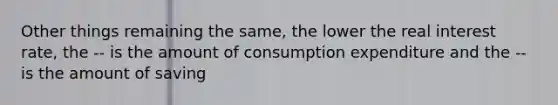 Other things remaining the same, the lower the real interest rate, the -- is the amount of consumption expenditure and the -- is the amount of saving