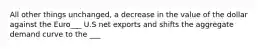 All other things unchanged, a decrease in the value of the dollar against the Euro___ U.S net exports and shifts the aggregate demand curve to the ___