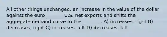 All other things unchanged, an increase in the value of the dollar against the euro _______ U.S. net exports and shifts the aggregate demand curve to the _______ . A) increases, right B) decreases, right C) increases, left D) decreases, left