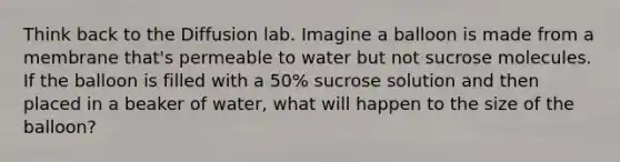 Think back to the Diffusion lab. Imagine a balloon is made from a membrane that's permeable to water but not sucrose molecules. If the balloon is filled with a 50% sucrose solution and then placed in a beaker of water, what will happen to the size of the balloon?