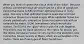 When you think of connective tissue think of the "blob". Because without connective tissue we would just be a blob of cytoplasm. Connective tissue is different from epithelial tissue in many ways. One way is that epithelial tissue is avascular and most connective tissue has a blood supply. While epithelial tissue has closely packed cells, connective tissue has looser cells with an extracellular matrix (ECM) (sometimes called intercellular matrix). The ECM is the "glue" which holds the cells together. This matrix may be liquid (plasma is the matrix for blood), gel-like (loose connective tissue) or very hard (in the skeleton). Also connective tissue consists of fibers, which are embedded in the matrix. There are three types of fibers found here: