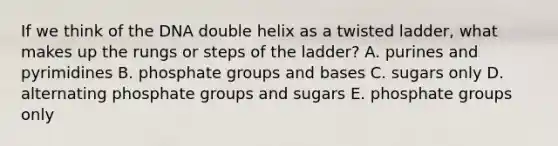 If we think of the DNA double helix as a twisted ladder, what makes up the rungs or steps of the ladder? A. purines and pyrimidines B. phosphate groups and bases C. sugars only D. alternating phosphate groups and sugars E. phosphate groups only