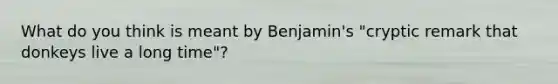 What do you think is meant by Benjamin's "cryptic remark that donkeys live a long time"?