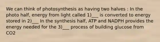 We can think of photosynthesis as having two halves : In the photo half, energy from light called 1)___ is converted to energy stored in 2)___ In the synthesis half, ATP and NADPH provides the energy needed for the 3)___ process of building glucose from CO2