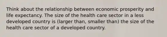 Think about the relationship between economic prosperity and life expectancy. The size of the health care sector in a less developed country is (larger than, smaller than) the size of the health care sector of a developed country.