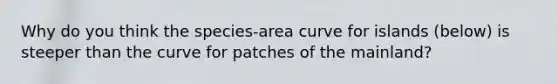 Why do you think the species-area curve for islands (below) is steeper than the curve for patches of the mainland?