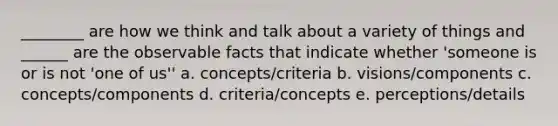 ________ are how we think and talk about a variety of things and ______ are the observable facts that indicate whether 'someone is or is not 'one of us'' a. concepts/criteria b. visions/components c. concepts/components d. criteria/concepts e. perceptions/details