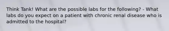 Think Tank! What are the possible labs for the following? - What labs do you expect on a patient with chronic renal disease who is admitted to the hospital?