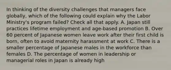 In thinking of the diversity challenges that managers face globally, which of the following could explain why the Labor Ministry's program failed? Check all that apply. A. Japan still practices lifetime employment and age-based promotion B. Over 60 percent of Japanese women leave work after their first child is born, often to avoid maternity harassment at work C. There is a smaller percentage of Japanese males in the workforce than females D. The percentage of women in leadership or managerial roles in Japan is already high