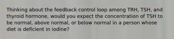 Thinking about the feedback control loop among TRH, TSH, and thyroid hormone, would you expect the concentration of TSH to be normal, above normal, or below normal in a person whose diet is deficient in iodine?