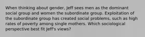 When thinking about gender, Jeff sees men as the dominant social group and women the subordinate group. Exploitation of the subordinate group has created social problems, such as high rates of poverty among single mothers. Which sociological perspective best fit Jeff's views?