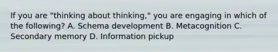 If you are "thinking about thinking," you are engaging in which of the following? A. Schema development B. Metacognition C. Secondary memory D. Information pickup