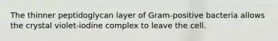 The thinner peptidoglycan layer of Gram-positive bacteria allows the crystal violet-iodine complex to leave the cell.