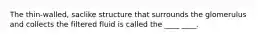 The thin-walled, saclike structure that surrounds the glomerulus and collects the filtered fluid is called the ____ ____.