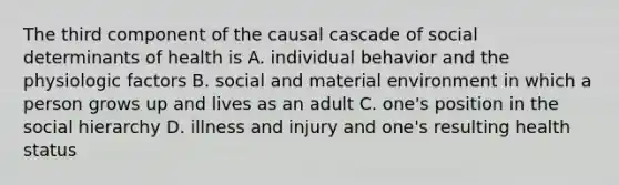 The third component of the causal cascade of social determinants of health is A. individual behavior and the physiologic factors B. social and material environment in which a person grows up and lives as an adult C. one's position in the social hierarchy D. illness and injury and one's resulting health status