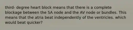 third- degree heart block means that there is a complete blockage between the SA node and the AV node or bundles. This means that the atria beat independently of the ventricles. which would beat quicker?