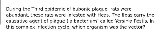 During the Third epidemic of bubonic plaque, rats were abundant, these rats were infested with fleas. The fleas carry the causative agent of plague ( a bacterium) called Yersinia Pestis. In this complex infection cycle, which organism was the vector?