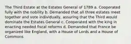 The Third Estate at the Estates General of 1789 a. Cooperated fully with the nobility b. Demanded that all three estates meet together and vote individually, assuring that the Third would dominate the Estates General c. Cooperated with the king in enacting needed fiscal reforms d. Demanded that France be organized like England, with a House of Lords and a House of Commons