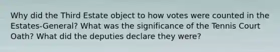 Why did the Third Estate object to how votes were counted in the Estates-General? What was the significance of the Tennis Court Oath? What did the deputies declare they were?